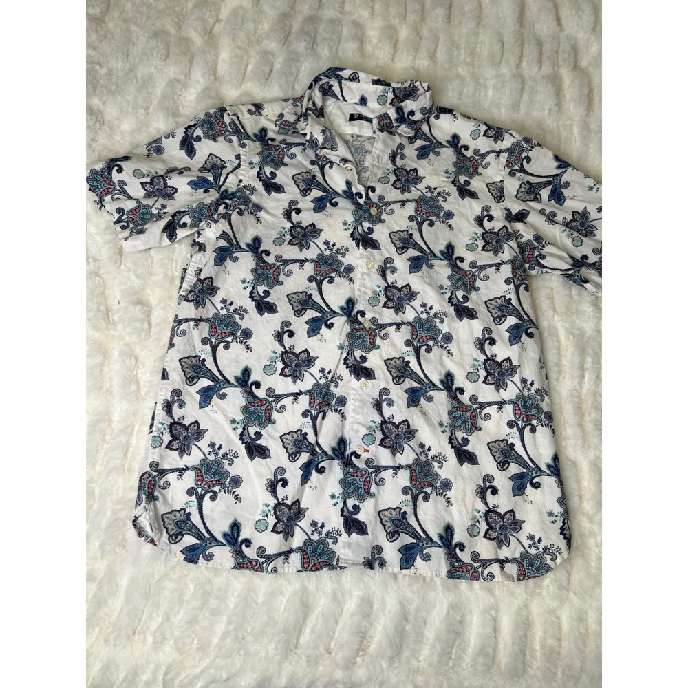 Cremieux Classics Mens Medium White Blue Paisley Linen Blend Button Down Shirt